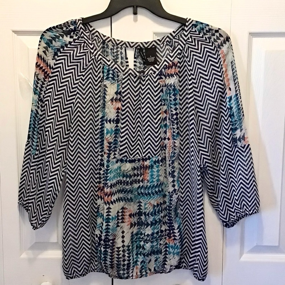 New Directions Womens Chevron Print Sheer Boho Peasant Blouse Top Size Large - Picture 6 of 7